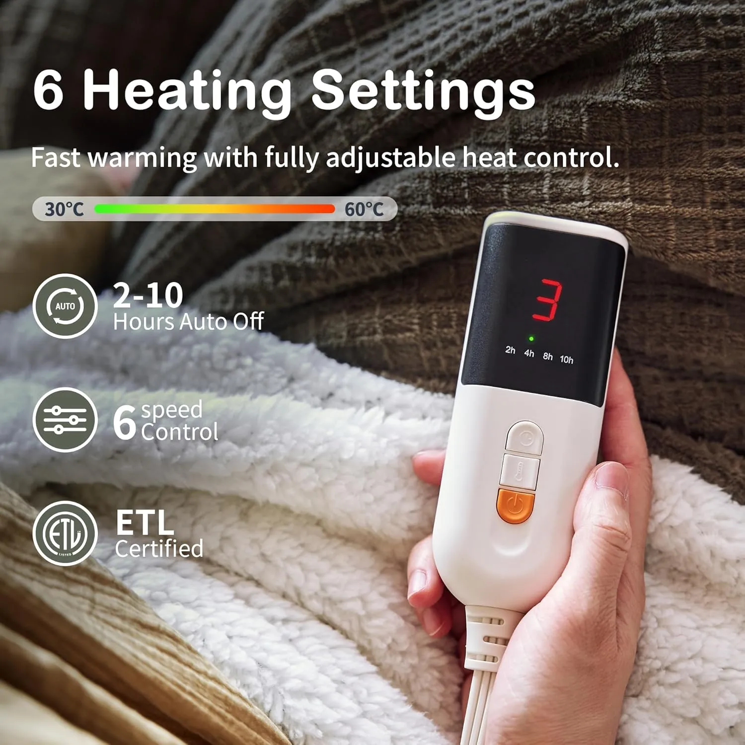 Heated Electric Throw Blanket - 50''X60'' with 6 Heat Settings, 10-Hour Auto Off, Machine Washable (Gray Green)
