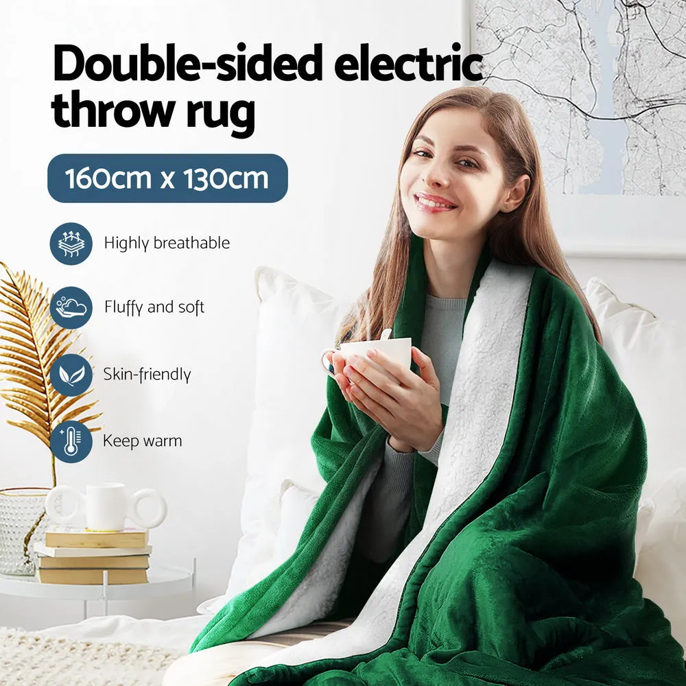 Heated Throw (160x130cm) Flannel/Sherpa Electric Blanket - Green