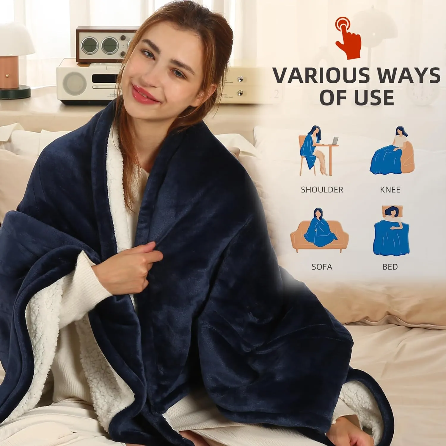 Heated Throw Blanket Electric Blanket, 50"x60" Heating Throw Blanket with 5 Heating Levels & 4 Hours Auto Off, Reversible Flannel Sherpa Electric Throw Blanket with OverHeat Protection, Navy Blue