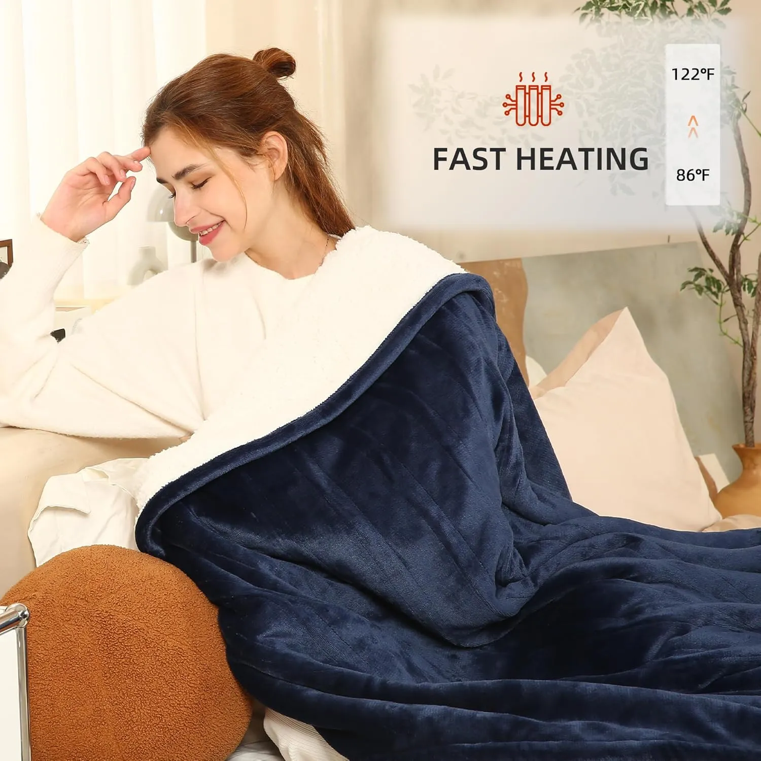Heated Throw Blanket Electric Blanket, 50"x60" Heating Throw Blanket with 5 Heating Levels & 4 Hours Auto Off, Reversible Flannel Sherpa Electric Throw Blanket with OverHeat Protection, Navy Blue