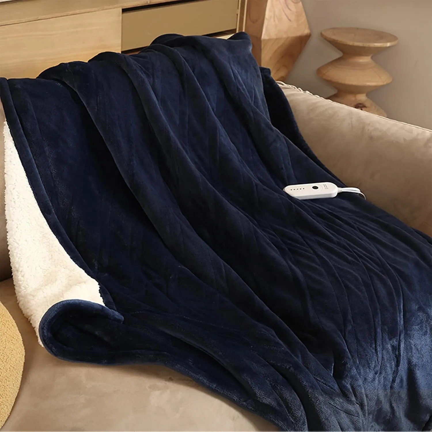 Heated Throw Blanket Electric Blanket, 50"x60" Heating Throw Blanket with 5 Heating Levels & 4 Hours Auto Off, Reversible Flannel Sherpa Electric Throw Blanket with OverHeat Protection, Navy Blue
