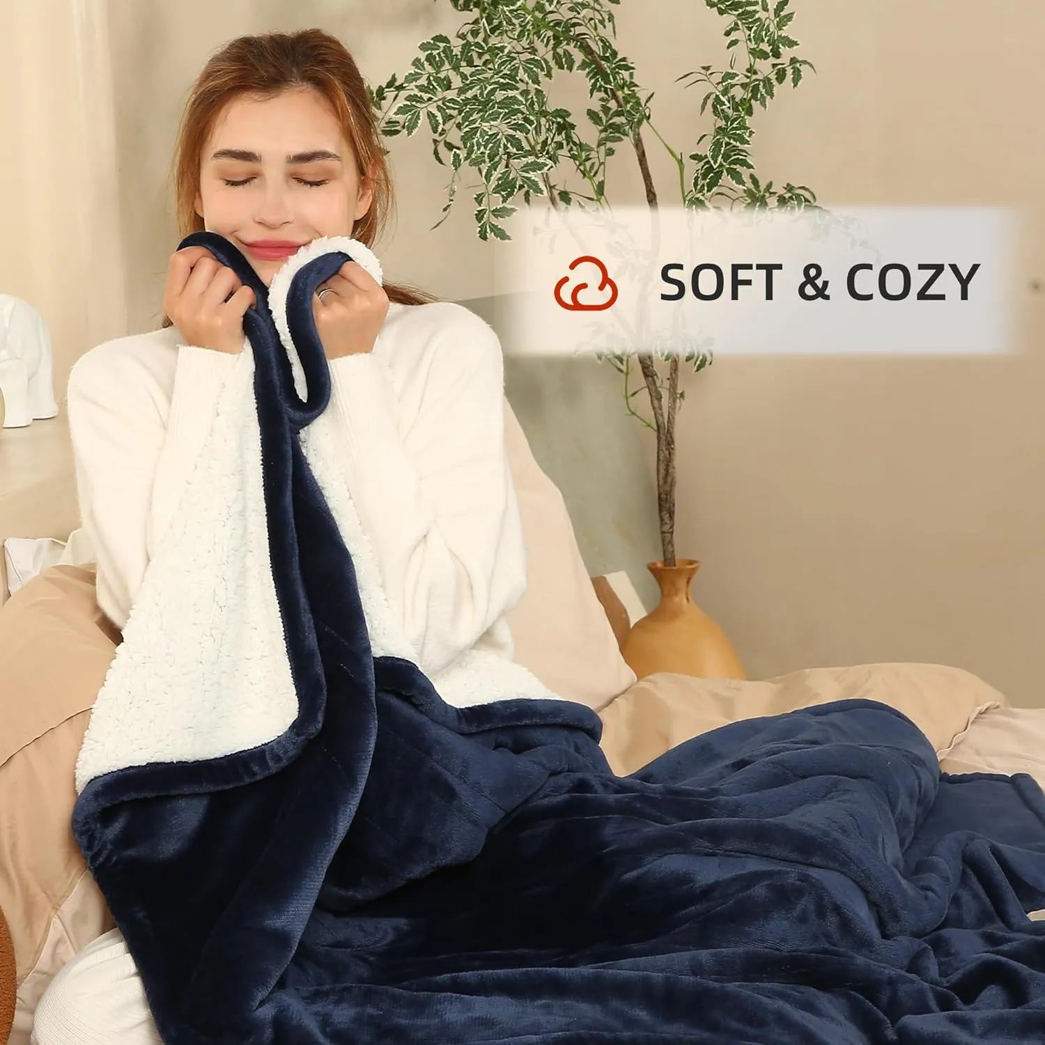 Heated Throw Blanket Electric Blanket, 50"x60" Heating Throw Blanket with 5 Heating Levels & 4 Hours Auto Off, Reversible Flannel Sherpa Electric Throw Blanket with OverHeat Protection, Navy Blue