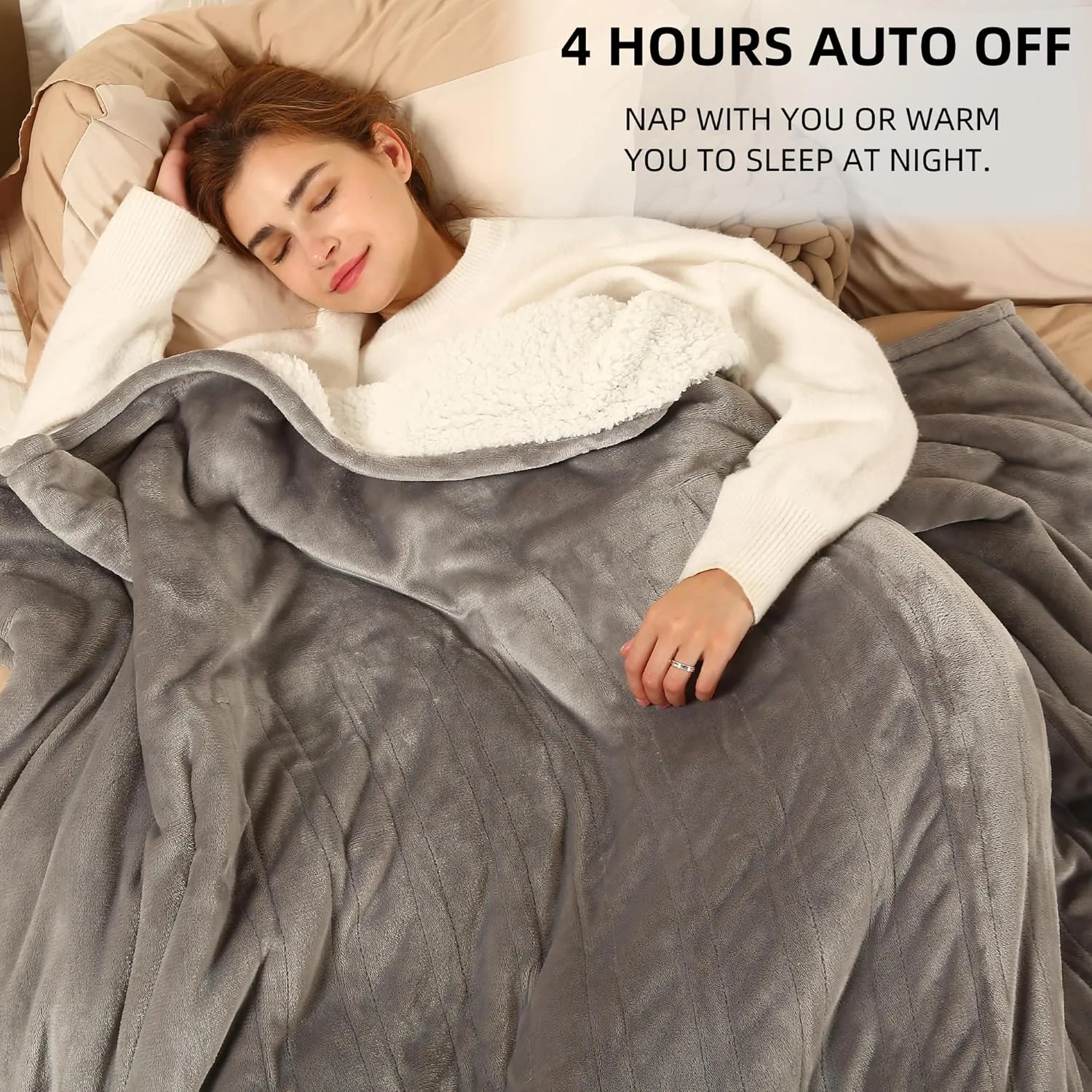 Heated Throw Blanket Electric Blanket Throw, Heated Blanket with 5 Heating Levels & 4 Hours Auto Off, Super Cozy Soft Sherpa Heating Blanket with Fast Heating for Bedding, 50"x60", Light Gray