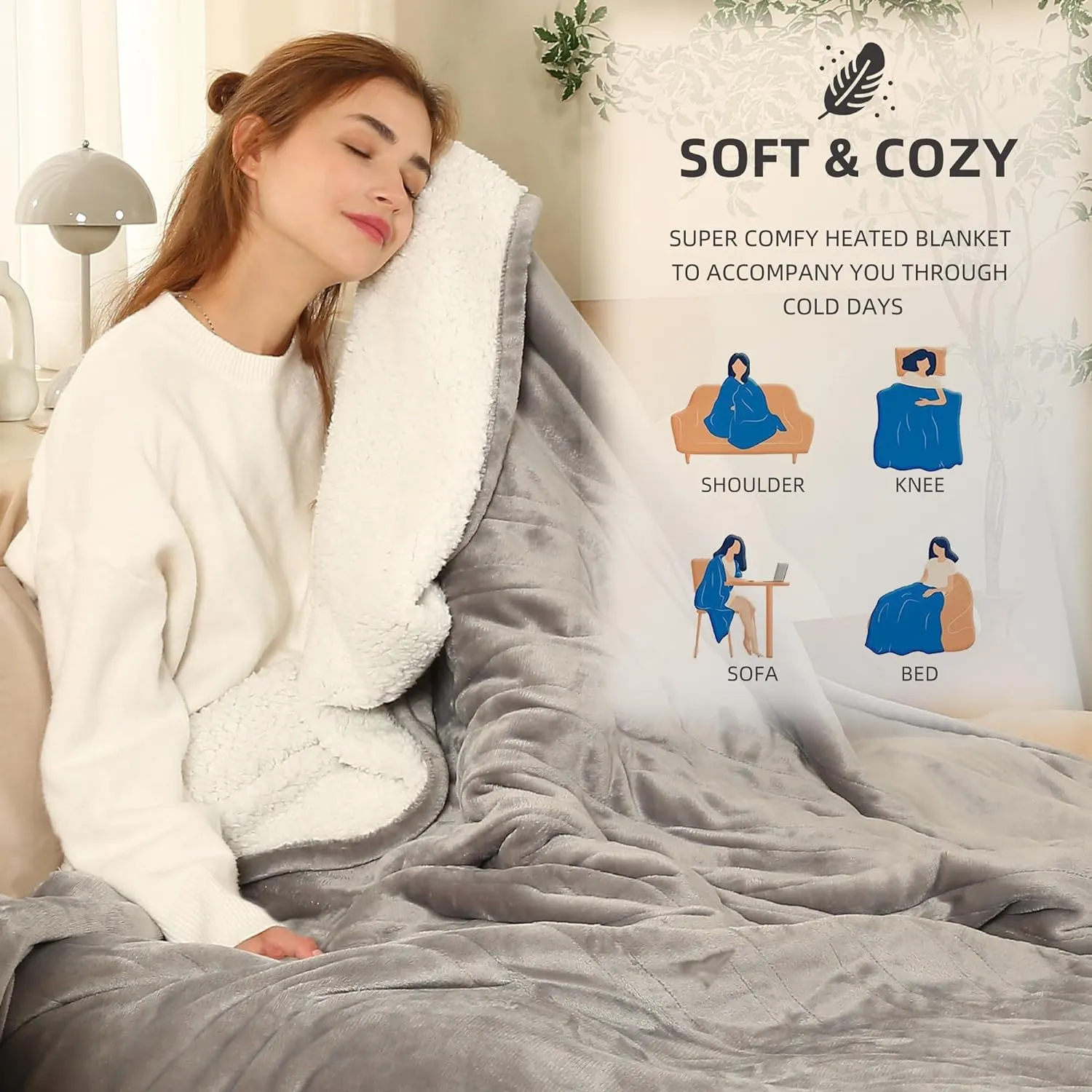 Heated Throw Blanket Electric Blanket Throw, Heated Blanket with 5 Heating Levels & 4 Hours Auto Off, Super Cozy Soft Sherpa Heating Blanket with Fast Heating for Bedding, 50"x60", Light Gray