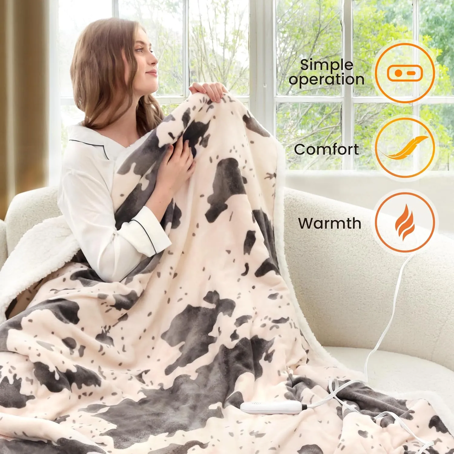 Heated Throw Blanket Electric Throw with 4 Hours Auto-Off, Cozy Soft Fleece Sherpa Blanket, Washable, 50 x 60 Inches, Cow Print Pink