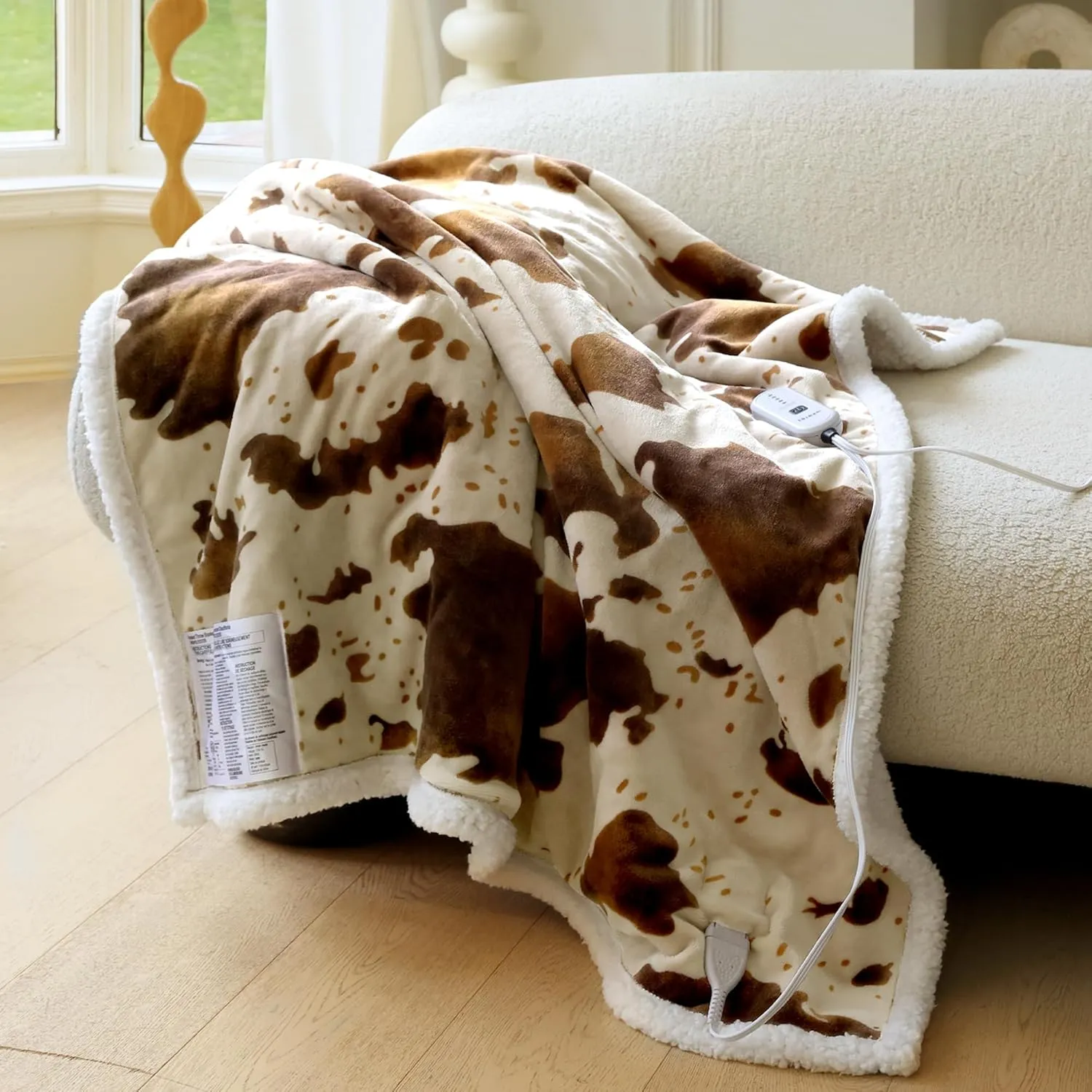 Heated Throw Electric Blanket-Heating Blanket Throw with 5 Heat Levels & 4 Hours Auto-Off, Cozy Soft Fleece Sherpa, Washable, Fast Heating, 50 x 60 Inches, Cow Print, Apricot Orange
