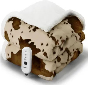 Heated Throw Electric Blanket-Heating Blanket Throw with 5 Heat Levels & 4 Hours Auto-Off, Cozy Soft Fleece Sherpa, Washable, Fast Heating, 50 x 60 Inches, Cow Print, Apricot Orange