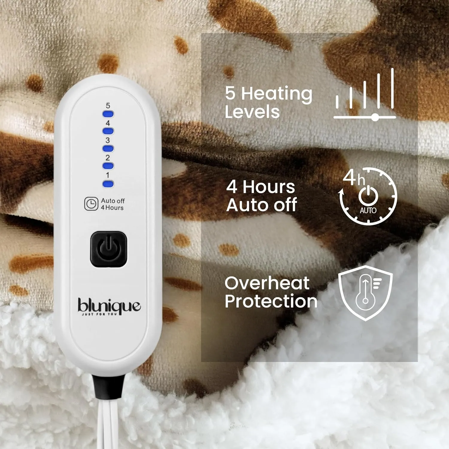 Heated Throw Electric Blanket-Heating Blanket Throw with 5 Heat Levels & 4 Hours Auto-Off, Cozy Soft Fleece Sherpa, Washable, Fast Heating, 50 x 60 Inches, Cow Print, Apricot Orange