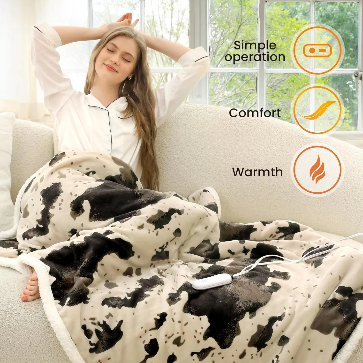 Heated Throw Electric Blanket-Heating Blanket Throw with 5 Heat Levels & 4 Hours Auto-Off, Cozy Soft Fleece Sherpa, Washable, Fast Heating, 50 x 60 Inches, Cow Print, Beige