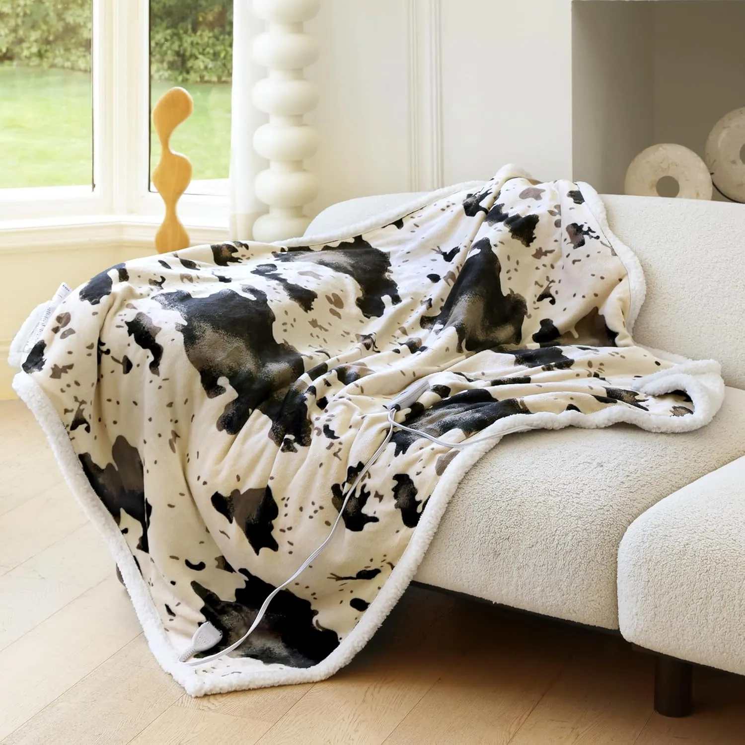 Heated Throw Electric Blanket-Heating Blanket Throw with 5 Heat Levels & 4 Hours Auto-Off, Cozy Soft Fleece Sherpa, Washable, Fast Heating, 50 x 60 Inches, Cow Print, Beige