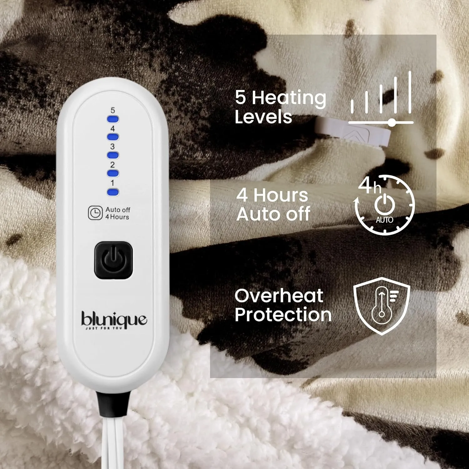 Heated Throw Electric Blanket-Heating Blanket Throw with 5 Heat Levels & 4 Hours Auto-Off, Cozy Soft Fleece Sherpa, Washable, Fast Heating, 50 x 60 Inches, Cow Print, Beige