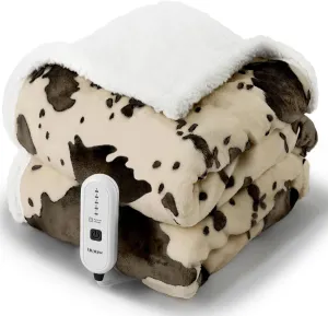 Heated Throw Electric Blanket-Heating Blanket Throw with 5 Heat Levels & 4 Hours Auto-Off, Cozy Soft Fleece Sherpa, Washable, Fast Heating, 50 x 60 Inches, Cow Print, Beige