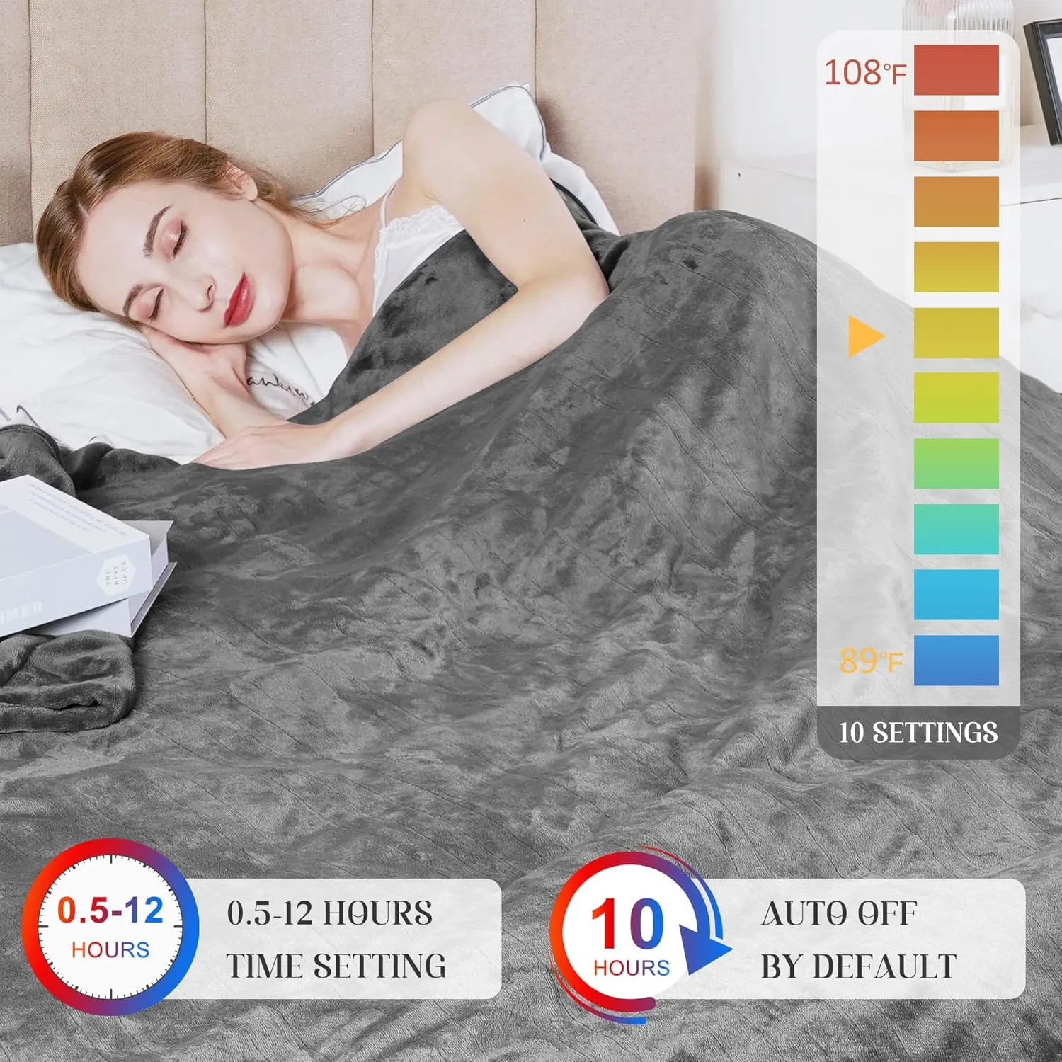 HEYNEMO Electric Blanket King Size with Dual Control, Heated Blanket for 89°F-108°F 10 Heating Levels Heating Blanket with 1-12 Hours Auto Shut Off, Grey