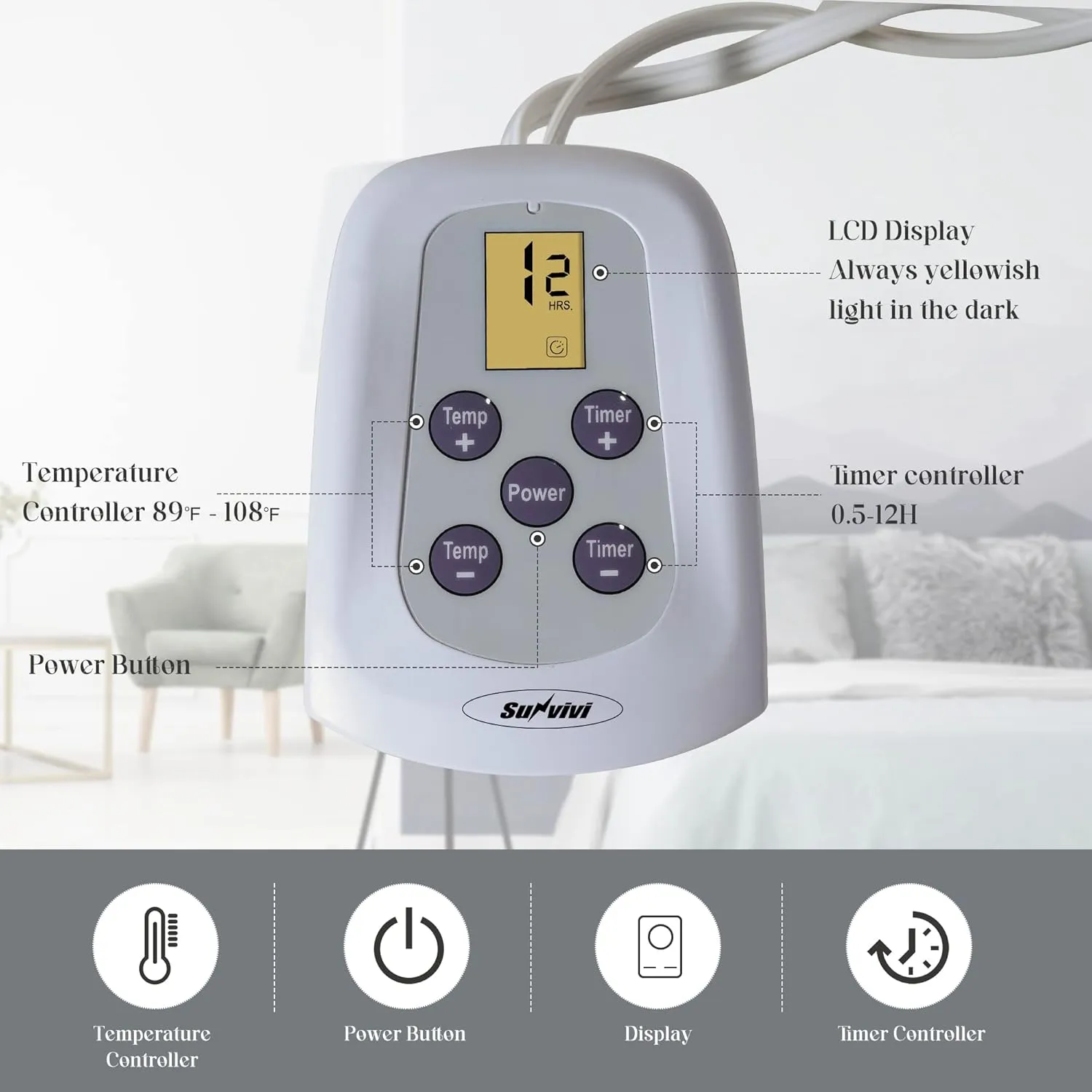HEYNEMO Electric Blanket King Size with Dual Control, Heated Blanket for 89°F-108°F 10 Heating Levels Heating Blanket with 1-12 Hours Auto Shut Off, Grey