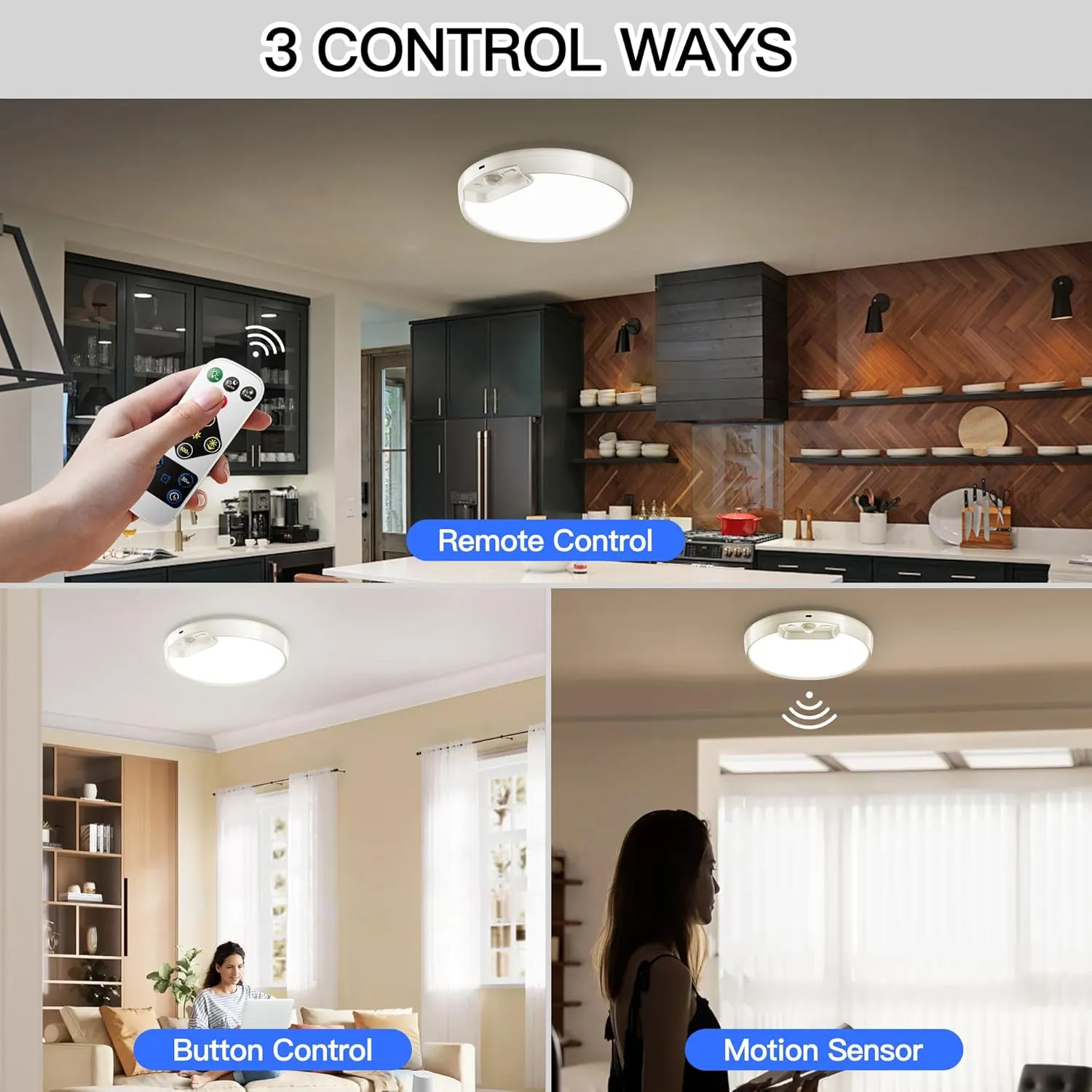 Homelist 2 Pack Upgraded Rechargeable Motion Sensor Ceiling Light, Battery-Powered Ceiling Light with Remote for Closet Stairs Shower Shed Hallway Porch-6000K Cool White