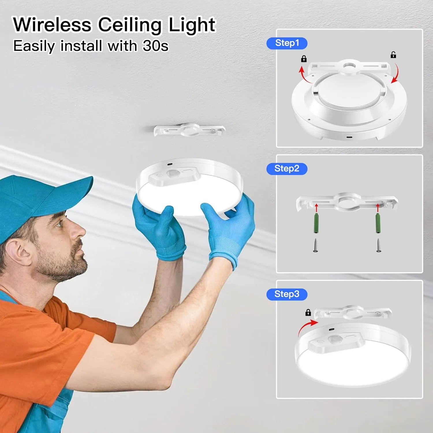 Homelist 2 Pack Upgraded Rechargeable Motion Sensor Ceiling Light, Battery-Powered Ceiling Light with Remote for Closet Stairs Shower Shed Hallway Porch-6000K Cool White