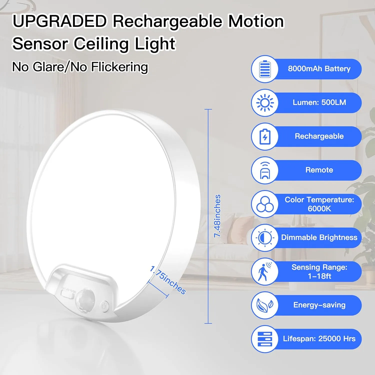 Homelist 2 Pack Upgraded Rechargeable Motion Sensor Ceiling Light, Battery-Powered Ceiling Light with Remote for Closet Stairs Shower Shed Hallway Porch-6000K Cool White