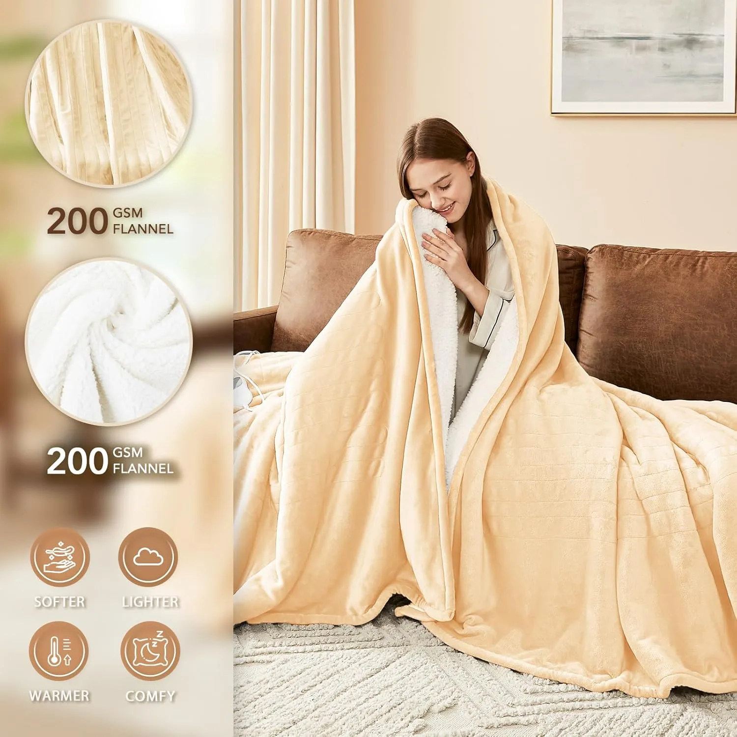 Homemate Electric Heated Blanket Twin - 62"x84" Heating Bed Blankets Throw with 10 Heating Levels 8 Hours Auto Off Fast Heating Over-Heated Protection Ultra Soft Warm Flannel ETL Certified Beige