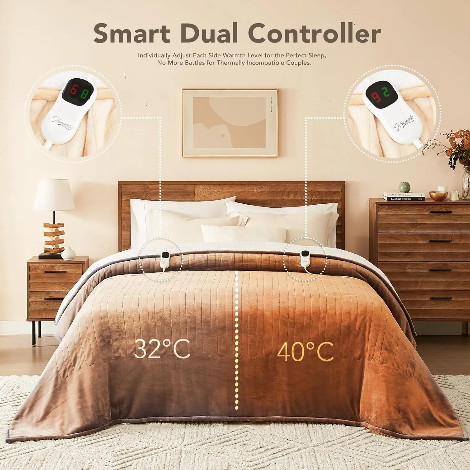 Homemate Electric Heated Blanket Twin - 62"x84" Heating Bed Blankets Throw with 10 Heating Levels 8 Hours Auto Off Fast Heating Over-Heated Protection Ultra Soft Warm Flannel ETL Certified Beige