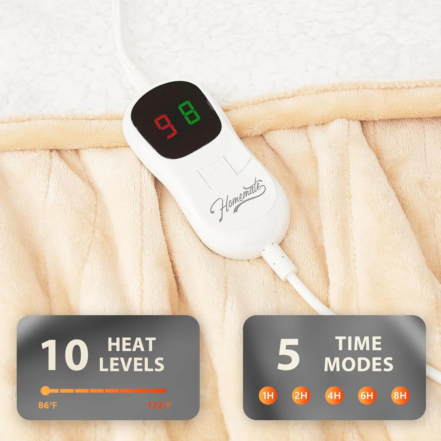 Homemate Electric Heated Blanket Twin - 62"x84" Heating Bed Blankets Throw with 10 Heating Levels 8 Hours Auto Off Fast Heating Over-Heated Protection Ultra Soft Warm Flannel ETL Certified Beige