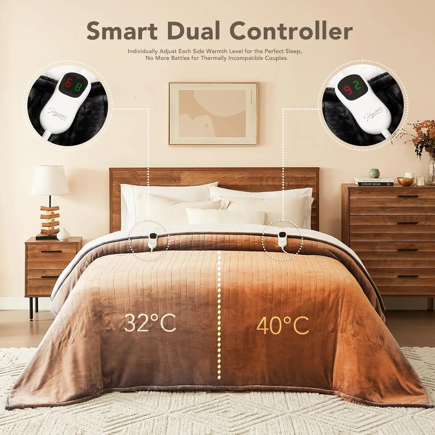 Homemate Electric Heated Blanket Twin - 62"x84" Heating Bed Blankets Throw with 10 Heating Levels 8 Hours Auto Off Fast Heating Over-Heated Protection Ultra Soft Warm Flannel ETL Certified Black
