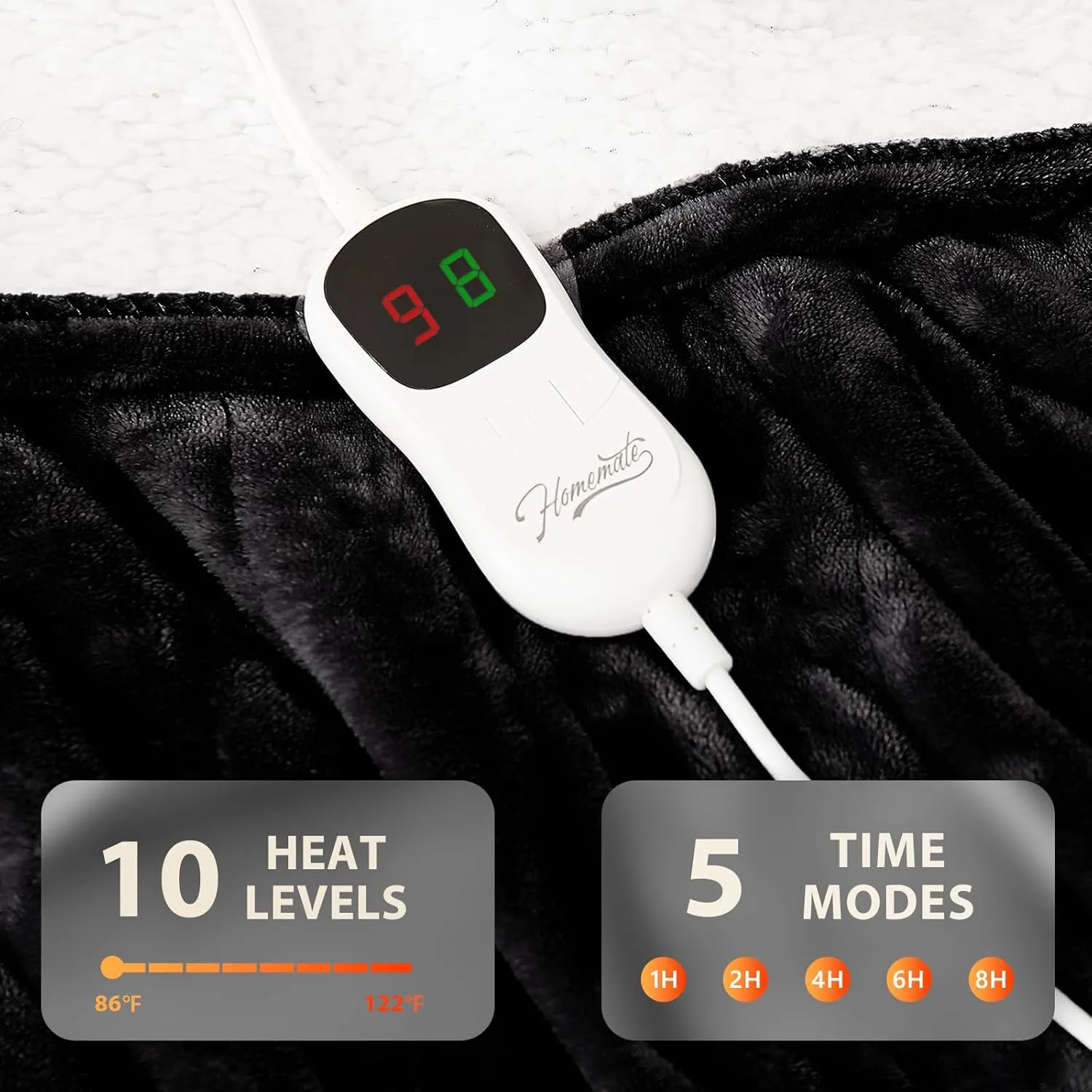 Homemate Electric Heated Blanket Twin - 62"x84" Heating Bed Blankets Throw with 10 Heating Levels 8 Hours Auto Off Fast Heating Over-Heated Protection Ultra Soft Warm Flannel ETL Certified Black