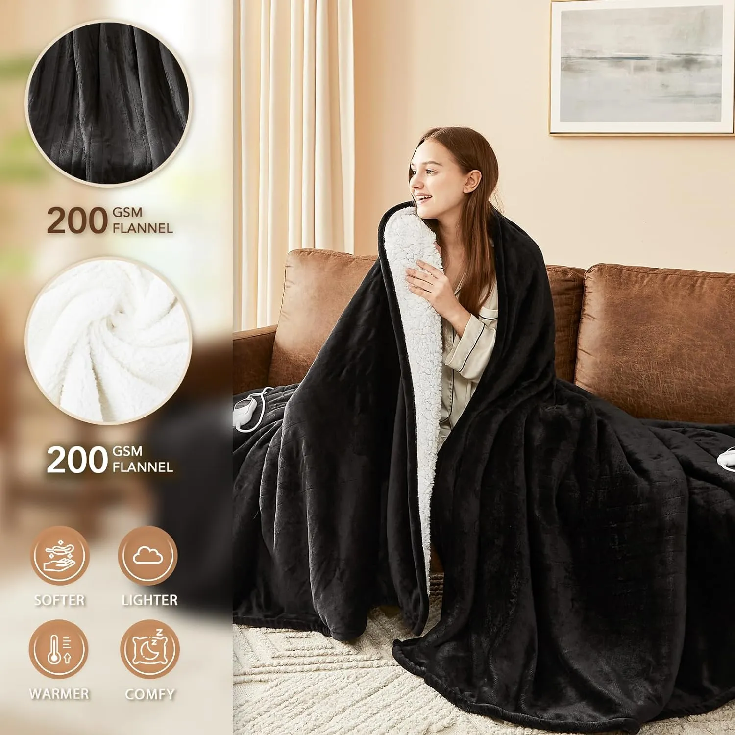 Homemate Electric Heated Blanket Twin - 62"x84" Heating Bed Blankets Throw with 10 Heating Levels 8 Hours Auto Off Fast Heating Over-Heated Protection Ultra Soft Warm Flannel ETL Certified Black