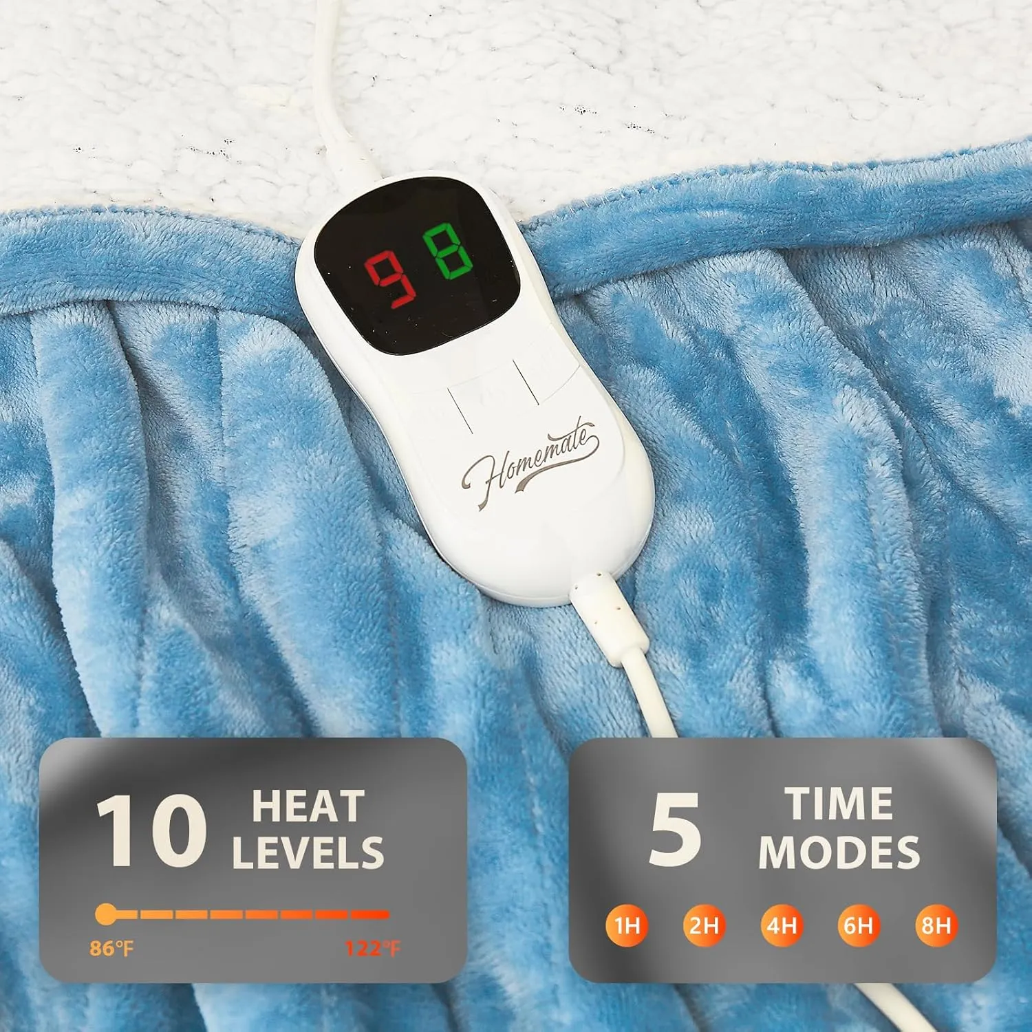 Homemate Electric Heated Blanket Twin - 62"x84" Heating Bed Blankets Throw with 10 Heating Levels 8 Hours Auto Off Fast Heating Over-Heated Protection Ultra Soft Warm Flannel ETL Certified Blue