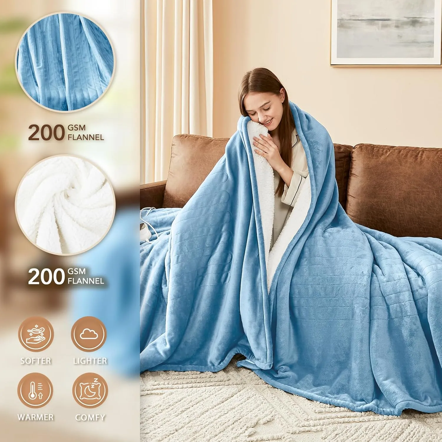Homemate Electric Heated Blanket Twin - 62"x84" Heating Bed Blankets Throw with 10 Heating Levels 8 Hours Auto Off Fast Heating Over-Heated Protection Ultra Soft Warm Flannel ETL Certified Blue
