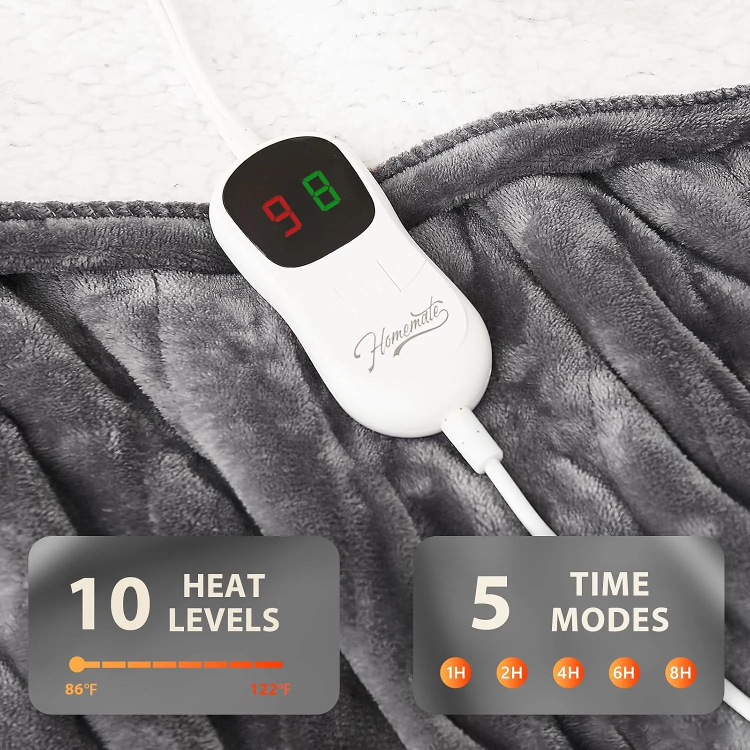 Homemate Electric Heated Blanket Twin - 62"x84" Heating Bed Blankets Throw with 10 Heating Levels 8 Hours Auto Off Fast Heating Over-Heated Protection Ultra Soft Warm Flannel ETL Certified Grey