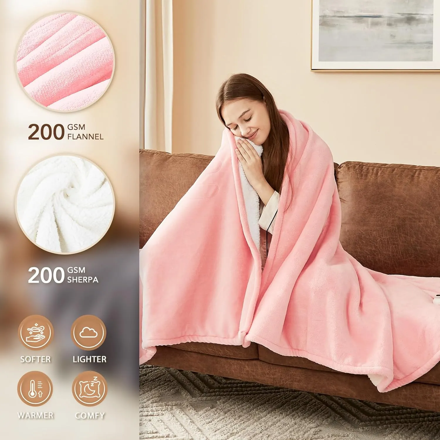 Homemate Heated Blanket Electric Throw - 50"x60" Heating Blanket Throw 1/2/4/6/8 Hours Auto-off 10 Heat Level Heat Blanket Over-heat Protection Flannel Sherpa Heater Blanket Electric ETL Certification
