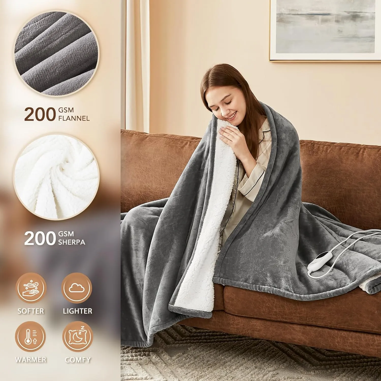 Homemate Heated Blanket Electric Throw - 50"x60" Heating Blanket Throw 1/2/4/6/8 Hours Auto-Off 10 Heat Level Over-Heat Protection Flannel Sherpa Electric ETL Certification