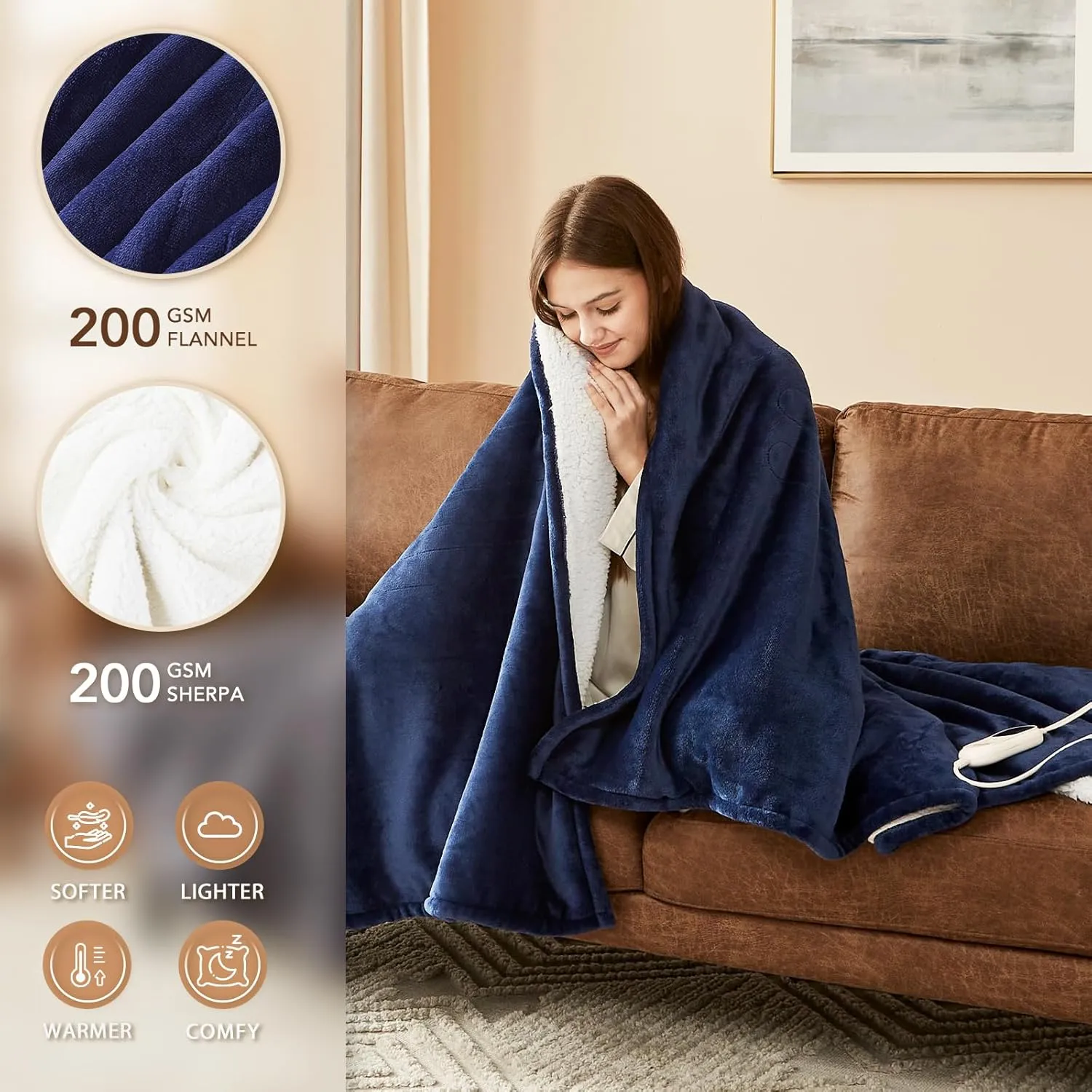 Homemate Heated Blanket Electric Throw - 50"x60" Heating Blanket Throw 1/2/4/6/8 Hours Auto-Off 10 Heat Level Over-Heat Protection Flannel Sherpa Electric ETL Certification