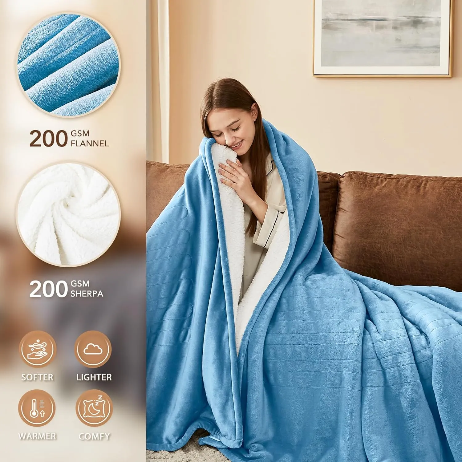 Homemate Heated Blanket Electric Throw - 50"x60" Heating Blanket Throw 1/2/4/6/8 Hours Auto-Off 10 Heat Level Over-Heat Protection Flannel Sherpa Electric ETL Certification