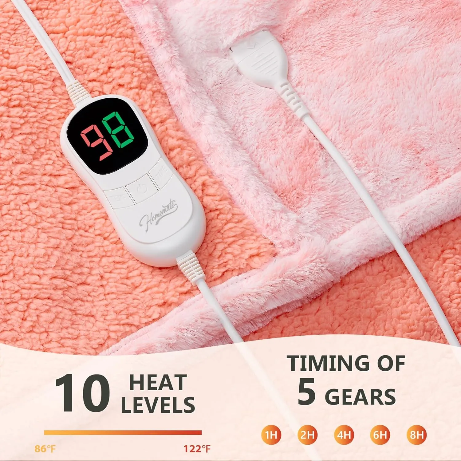 Homemate Heated Blanket Electric Throw - 50"x60" Heating Blanket Throw 1/2/4/6/8 Hours Auto-Off 10 Heat Level Over-Heat Protection Luxury Faux Fur Sherpa ETL Certification