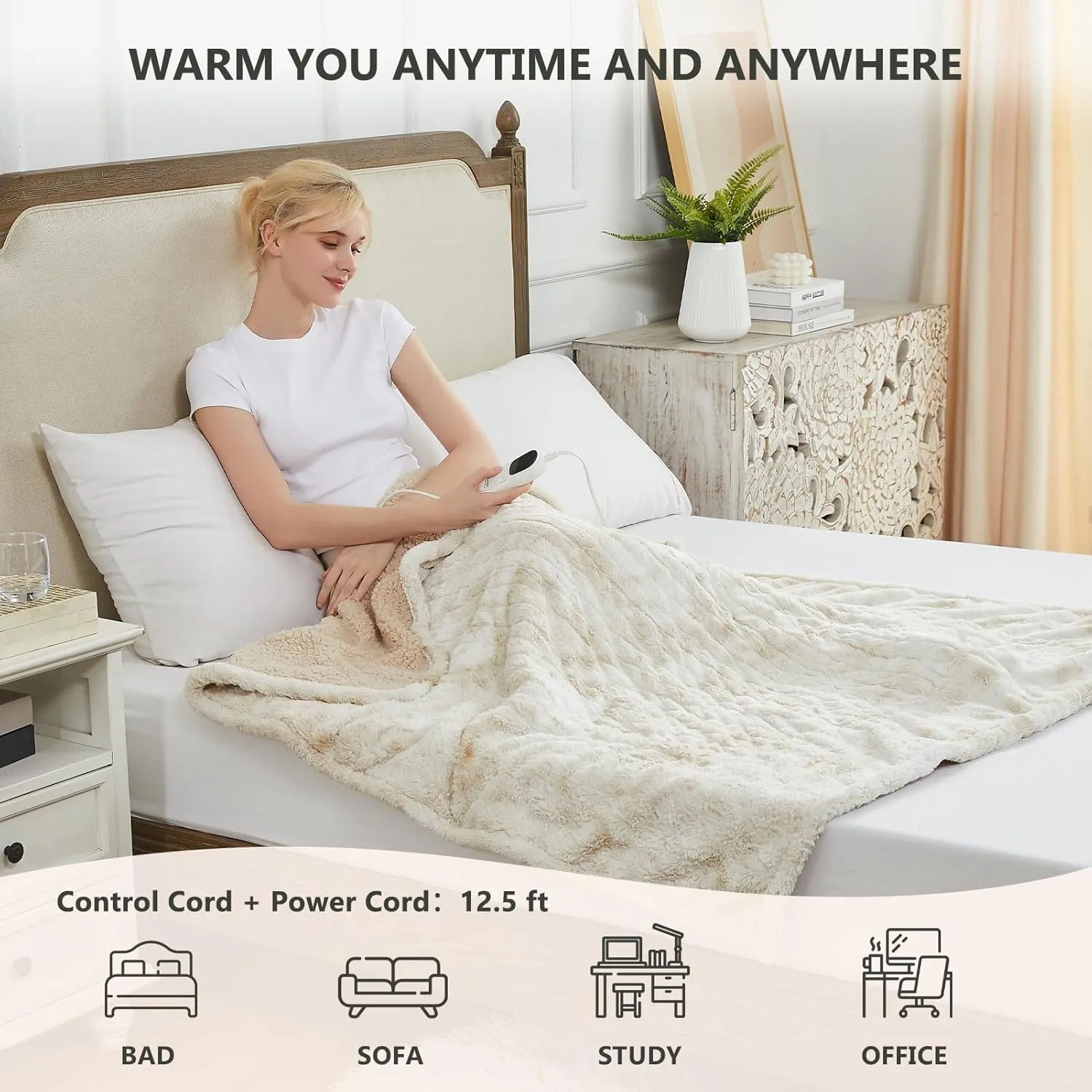 Homemate Heated Blanket Electric Throw - 50"x60" Heating Blanket Throw 1/2/4/6/8 Hours Auto-Off 10 Heat Level Over-Heat Protection Luxury Faux Fur Sherpa ETL Certification