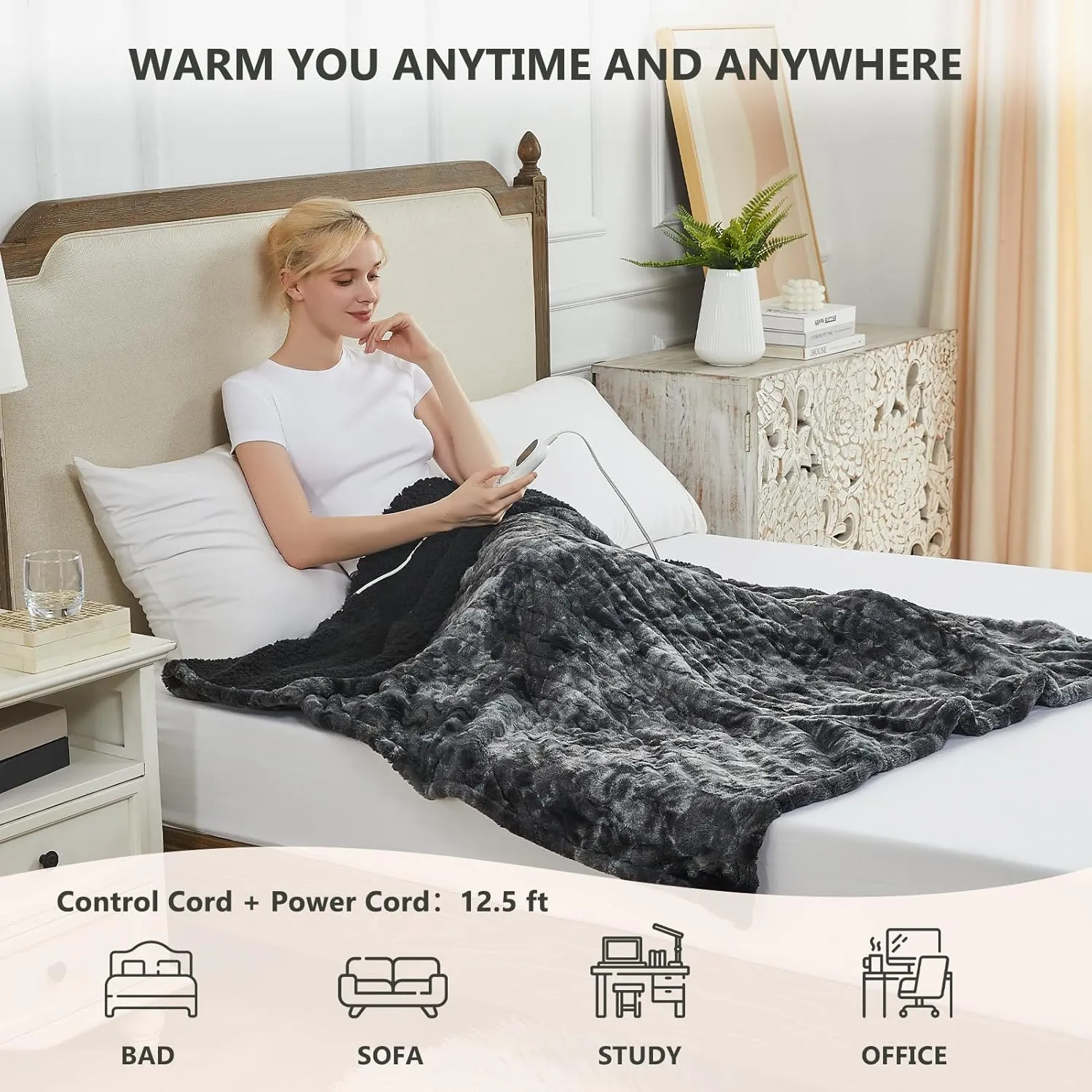 Homemate Heated Blanket Electric Throw - 50"x60" Heating Blanket Throw 1/2/4/6/8 Hours Auto-Off 10 Heat Level Over-Heat Protection Luxury Faux Fur Sherpa ETL Certification
