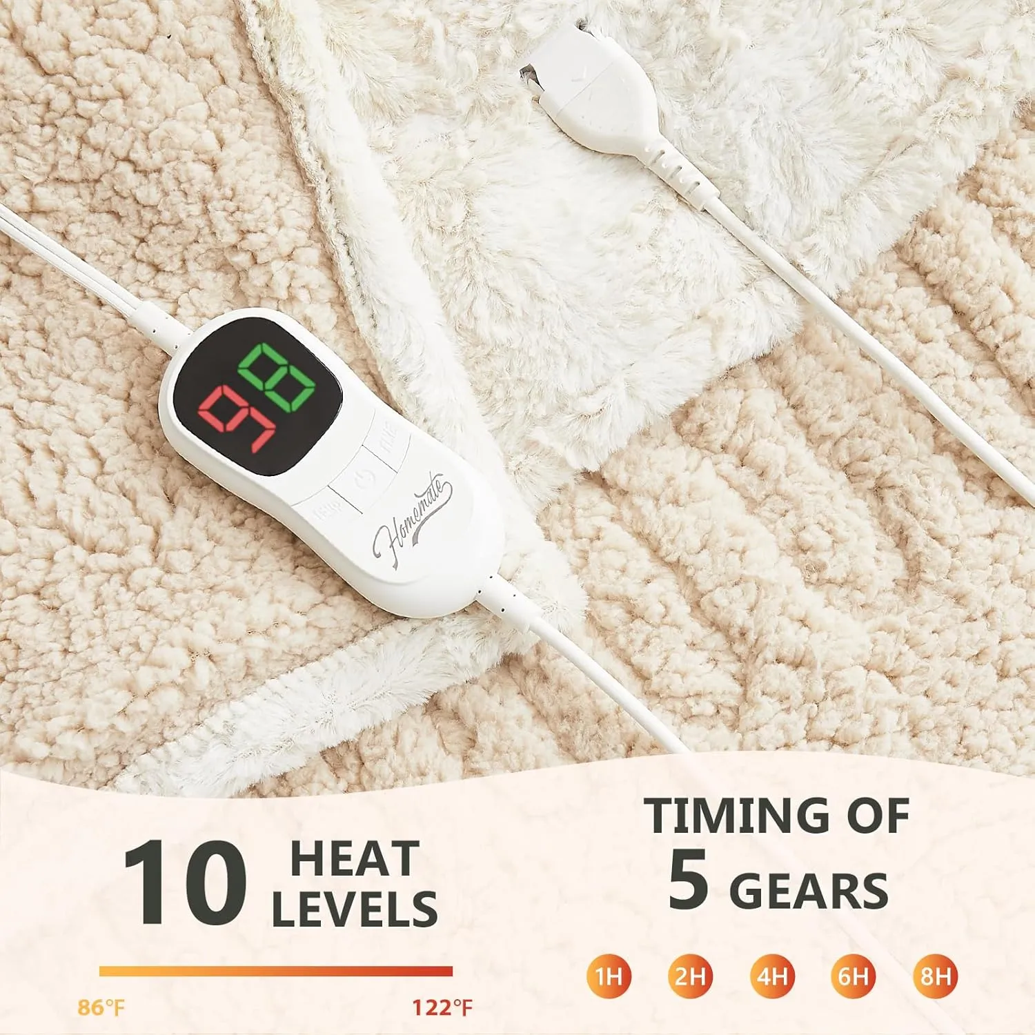 Homemate Heated Blanket Electric Throw - 50"x60" Heating Blanket Throw 1/2/4/6/8 Hours Auto-Off 10 Heat Level Over-Heat Protection Luxury Faux Fur Sherpa ETL Certification