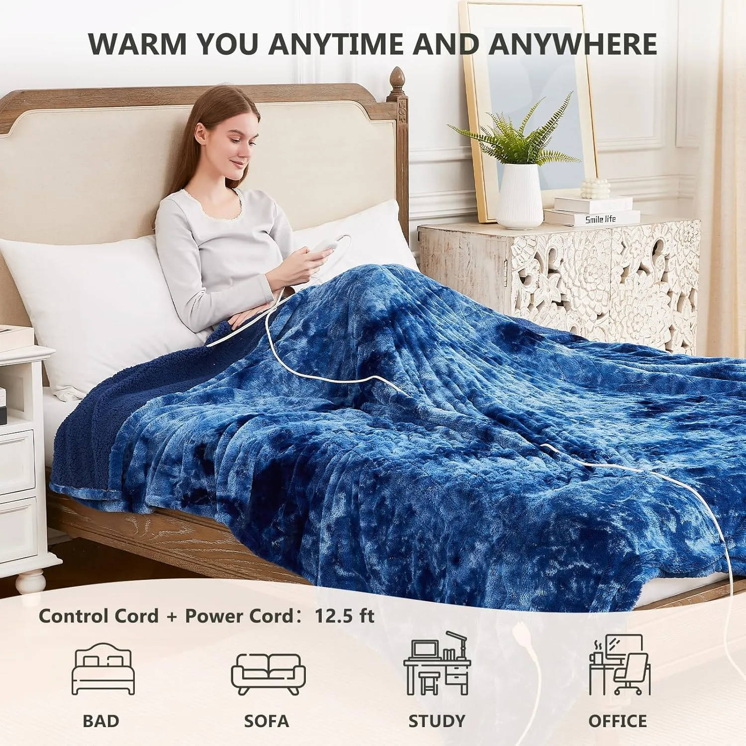 Homemate Heated Blanket Electric Throw - 50"x60" Heating Blanket Throw 1/2/4/6/8 Hours Auto-Off 10 Heat Level Over-Heat Protection Luxury Faux Fur Sherpa ETL Certification