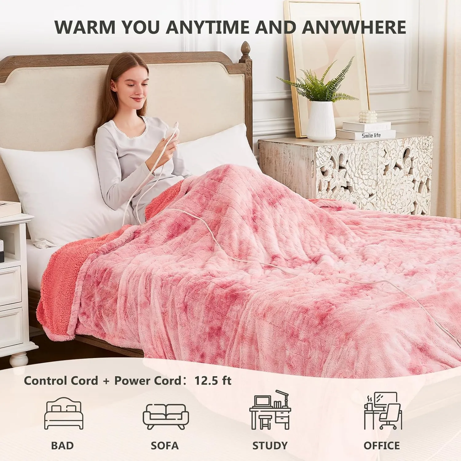 Homemate Heated Blanket Electric Throw - 50"x60" Heating Blanket Throw 1/2/4/6/8 Hours Auto-Off 10 Heat Level Over-Heat Protection Luxury Faux Fur Sherpa ETL Certification