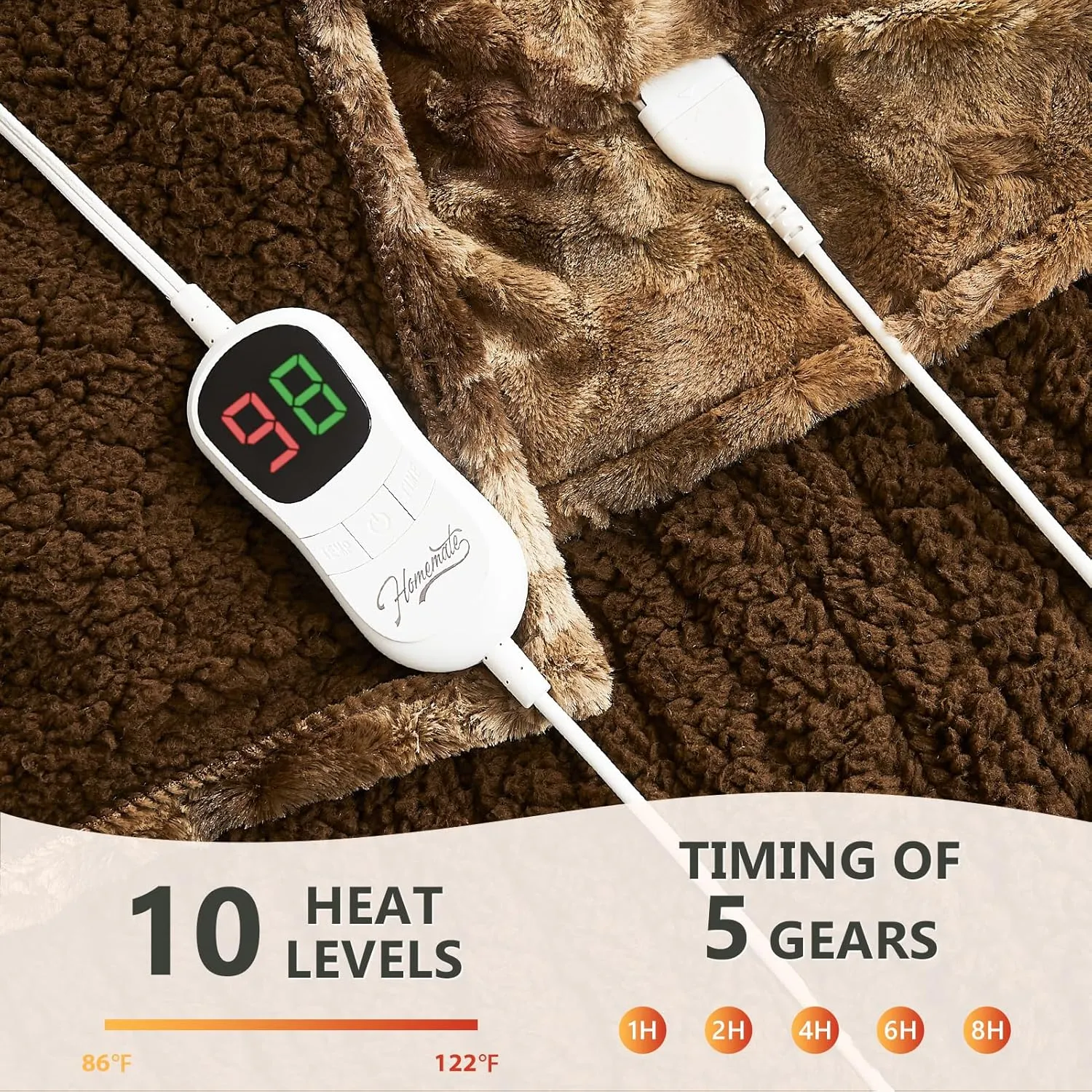 Homemate Heated Blanket Electric Throw - 50"x60" Heating Blanket Throw 1/2/4/6/8 Hours Auto-Off 10 Heat Level Over-Heat Protection Luxury Faux Fur Sherpa ETL Certification