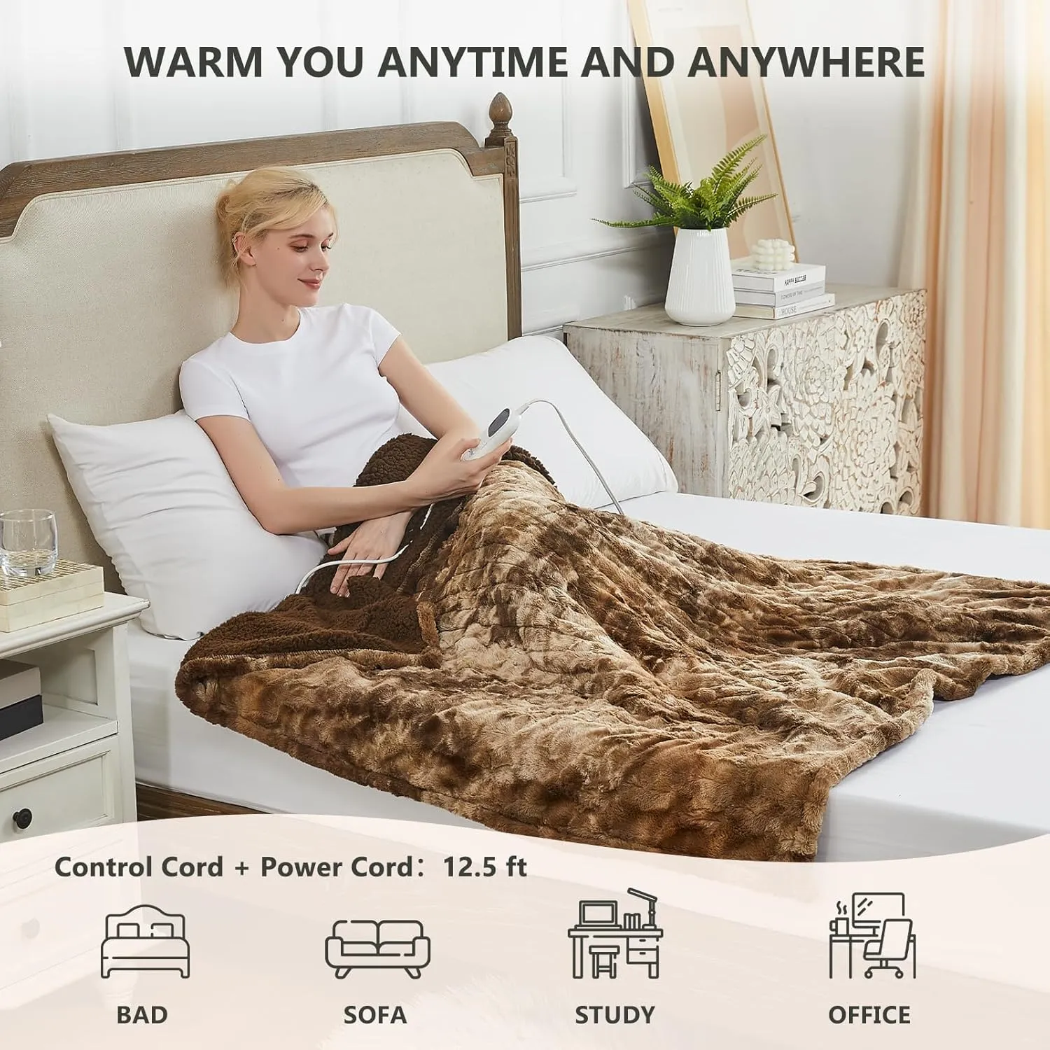 Homemate Heated Blanket Electric Throw - 50"x60" Heating Blanket Throw 1/2/4/6/8 Hours Auto-Off 10 Heat Level Over-Heat Protection Luxury Faux Fur Sherpa ETL Certification