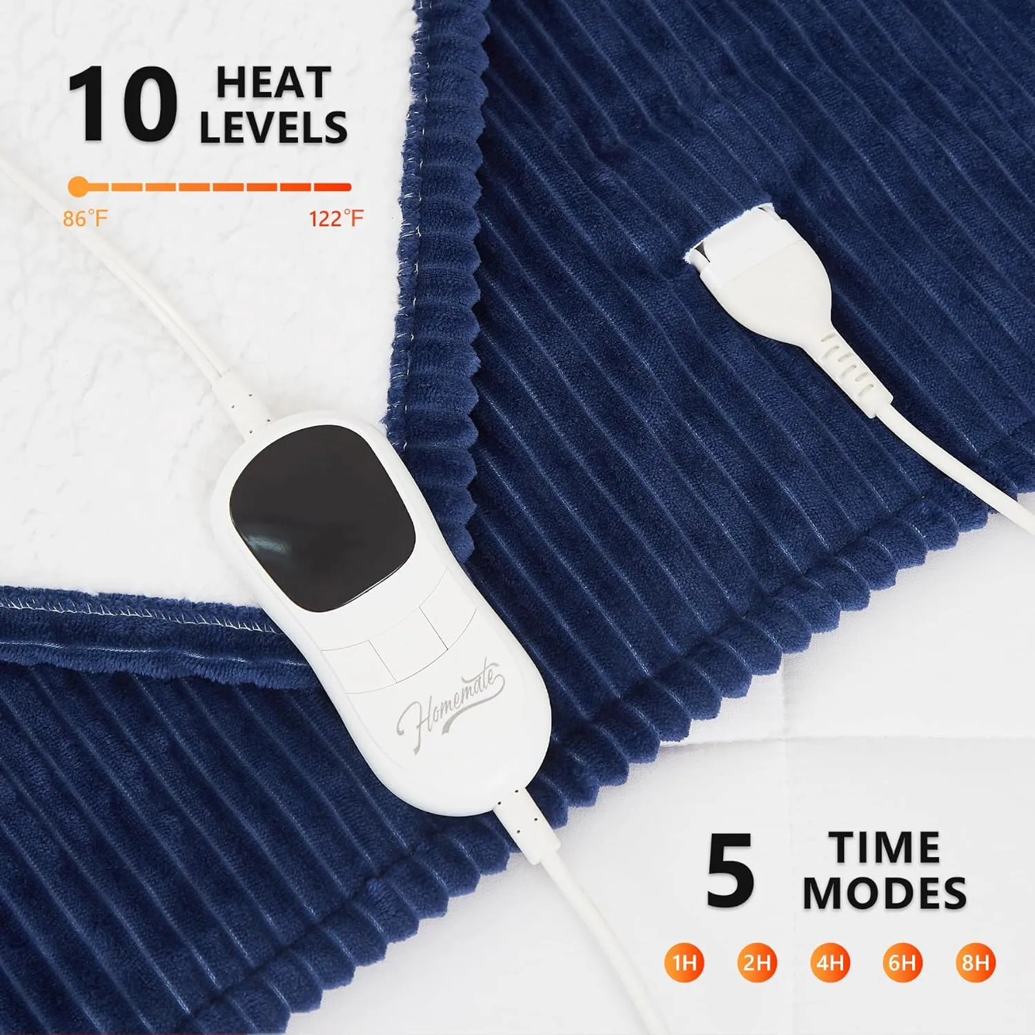 Homemate Heated Blanket Electric Throw - 50"x60" Heating Blanket Throw 1/2/4/6/8 Hours Auto-Off 10 Heat Levels Over-Heat Protection Soft Flannel Sherpa ETL Certification