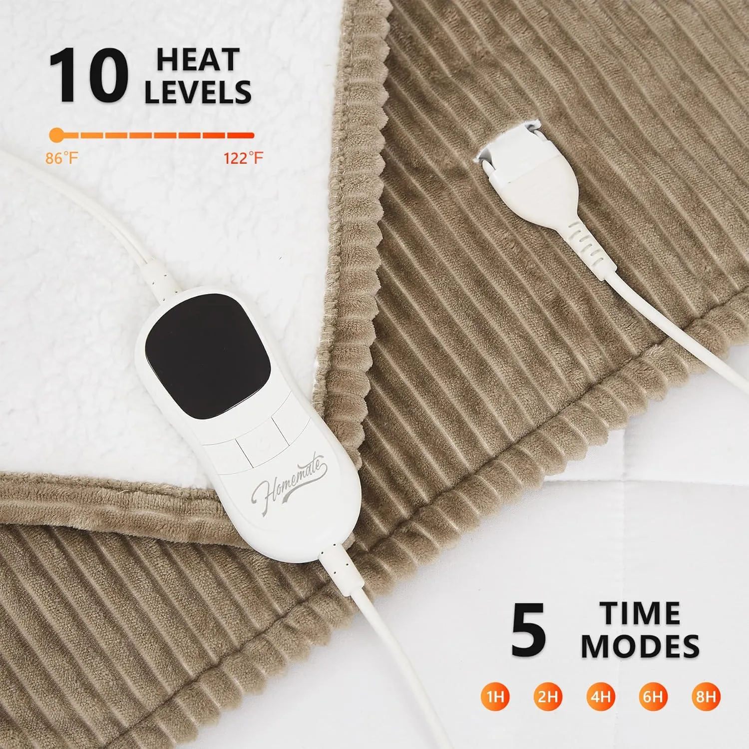 Homemate Heated Blanket Electric Throw - 50"x60" Heating Blanket Throw 1/2/4/6/8 Hours Auto-Off 10 Heat Levels Over-Heat Protection Soft Flannel Sherpa ETL Certification