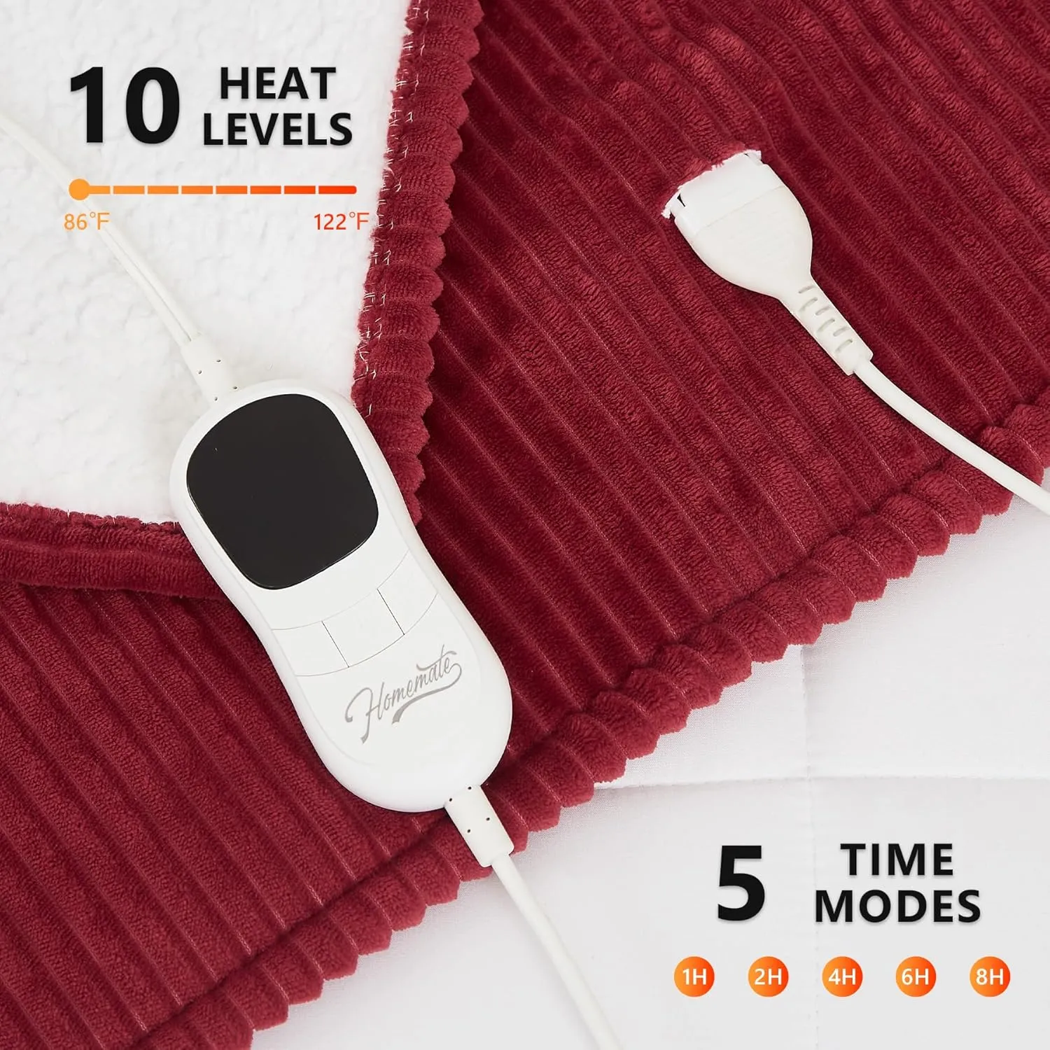 Homemate Heated Blanket Electric Throw - 50"x60" Heating Blanket Throw 1/2/4/6/8 Hours Auto-Off 10 Heat Levels Over-Heat Protection Soft Flannel Sherpa ETL Certification