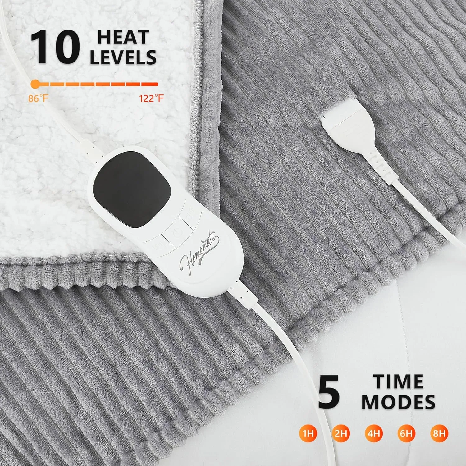 Homemate Heated Blanket Electric Throw - 50"x60" Heating Blanket Throw 1/2/4/6/8 Hours Auto-Off 10 Heat Levels Over-Heat Protection Soft Flannel Sherpa Heater ETL Certification