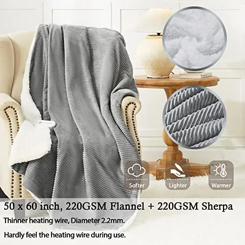 Homemate Heated Blanket Electric Throw - 50"x60" Heating Blanket Throw 4 Hours Auto-Off 5 Heat Levels Heat Blanket Over-Heat Protection Soft Flannel Sherpa Heater Blanket Electric ETL Certification