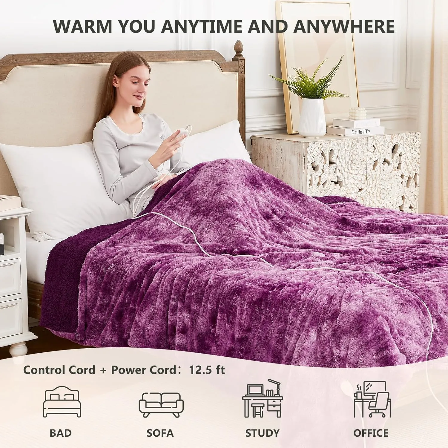 Homemate Heated Blanket Electric Throw - 50x60 Heating Blanket Throw 5 Gears Auto-Off 10 Heat Levels Over-Heat Protection Luxury Faux Fur Sherpa Heater Electric ETL Certification