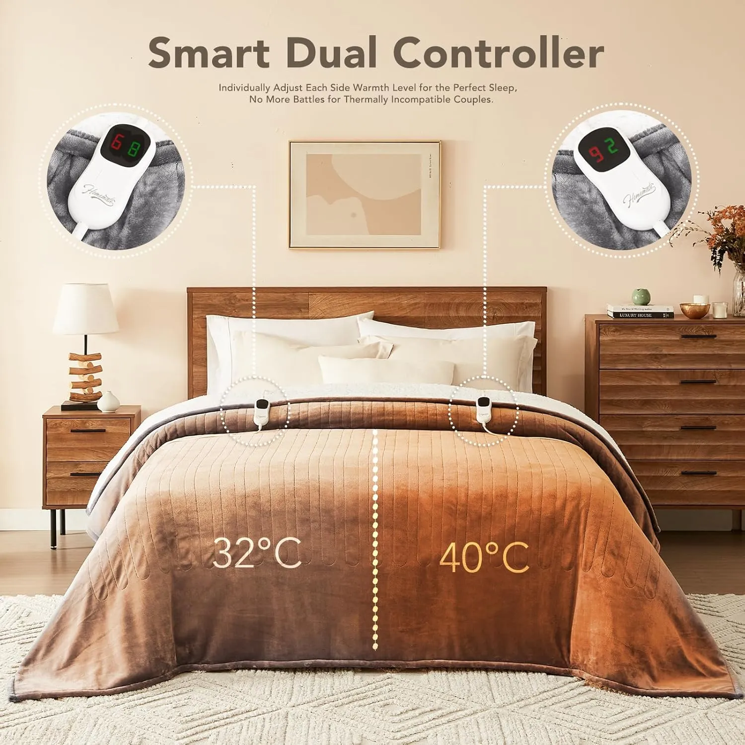 Homemate Heated Electric Blanket Queen Size - 84"x90" Heating Bed Blanket Throw with 10 Heating Levels 8 Hours Auto Off Fast Heating Over-Heat Protection Ultra Soft Flannel ETL Certified, Grey