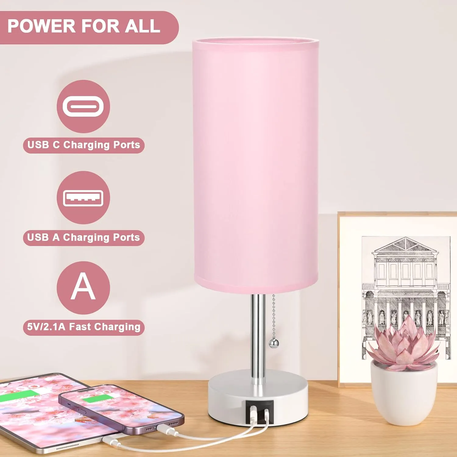 Hong-in Pink Bedside Lamp - 3 Color Modes, Small Lamp with USB-C and USB-A Charging Ports, Pull Chain, Nightstand Light for Bedroom, Office, Kids Room (Bulb Included)